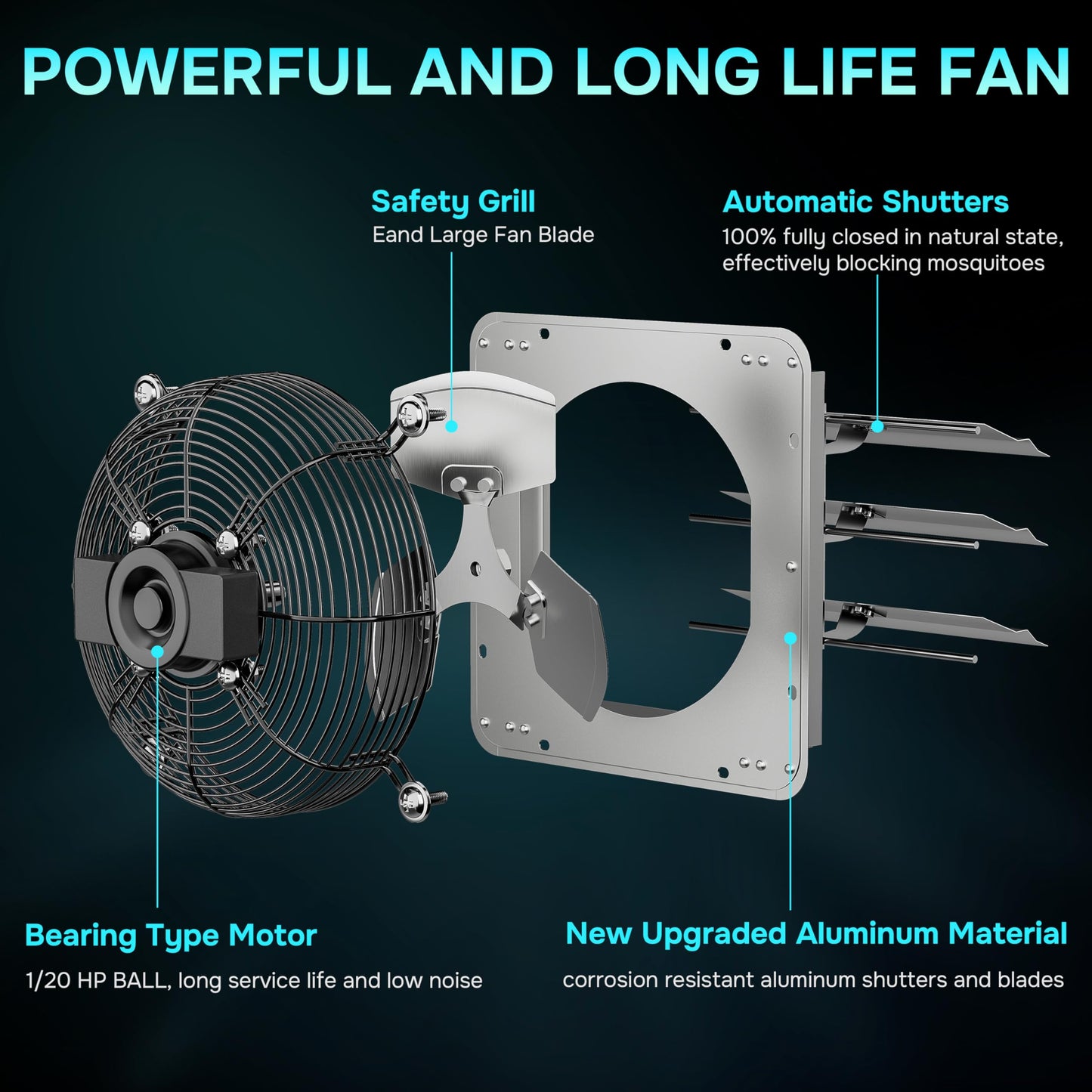 Simple Deluxe 20 Inch Wall Mounted Shutter Exhaust Fan, Aluminum, 1200 RPM, 3368 CFM, for Attic, Garage, Louvered Vent, Plant, Greenhouse, Silver
