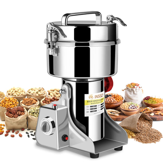INSELY 1000g Grain Mill Grinder High Speed Food Grain Mill Stainless Steel Seeds Flour Wheat Nut Spices Corn Pill Herbs & Seasonings Dry Grinder Electric Machine Grinder for Kitchen