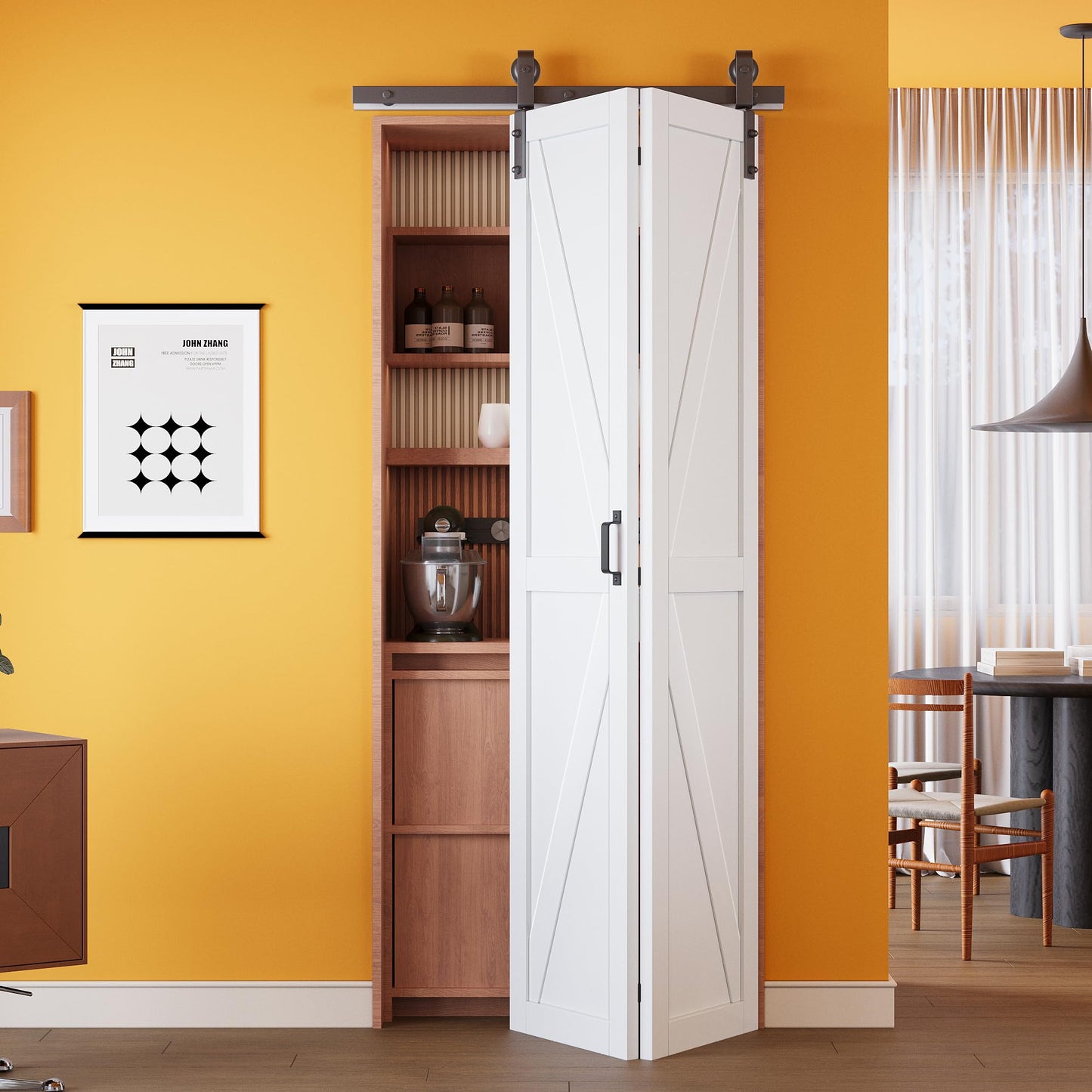 Bifold Barn Door - Pre-Assembled Panels with Sliding Hardware Kit Set, Solid Core Bifold Sliding Barn Doors, Water-Resistant Pre-Finished Bi Fold Barn Door, Easy Assembly, K-Shape, 36" x 84"