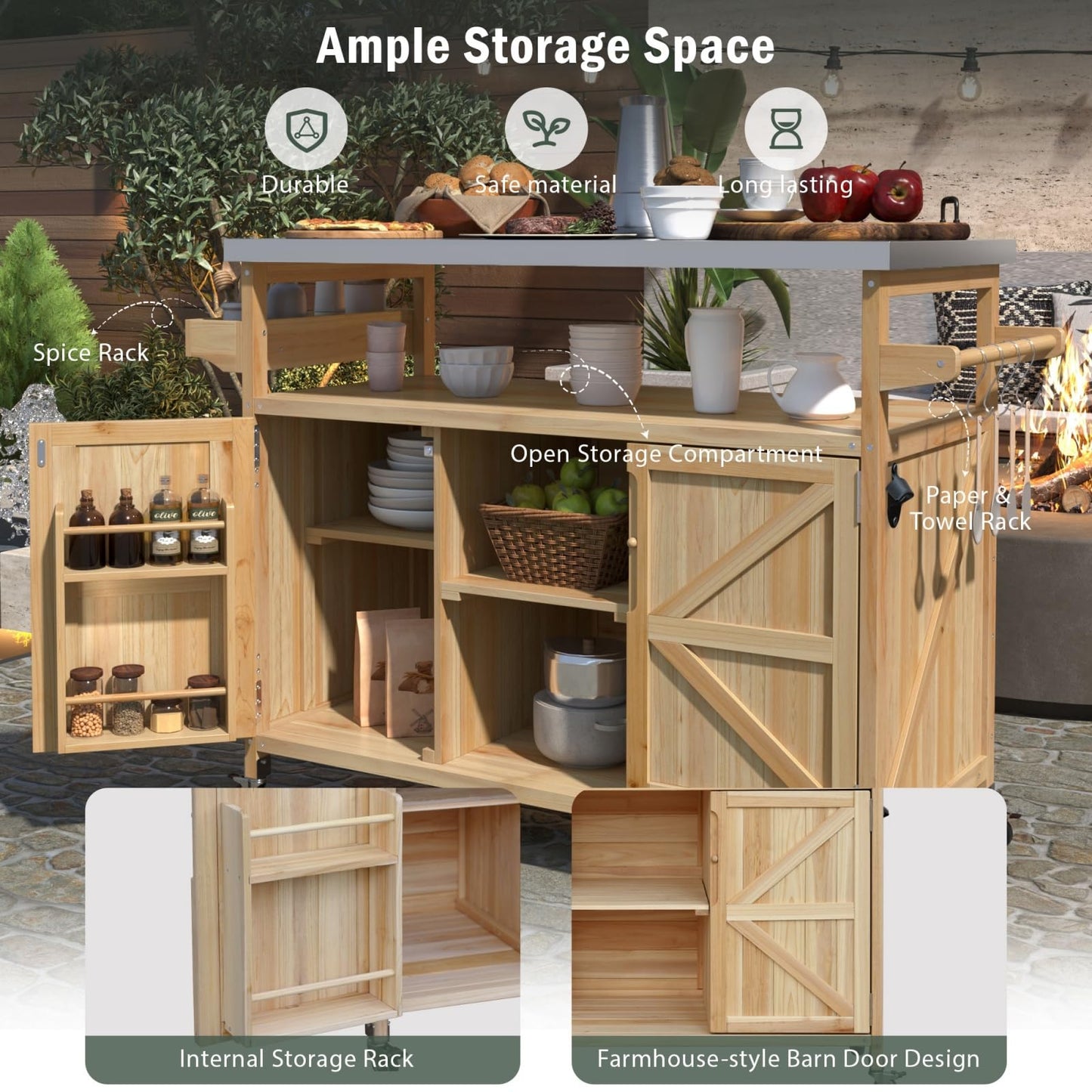 DFCHLDA Outdoor Kitchen Island Rolling Bar Cart & Storage Cabinet, Farmhouse Solid Wood Grill Table with Stainless Steel Top, Spice Rack & Towel Rack for Kitchen & BBQ(Natural, 50.25inch)
