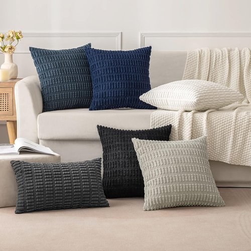 MIULEE Euro Sham Pillow Covers - Soft Corduroy Boho Striped Design | 24x24 Inch Black for Modern Home Decor