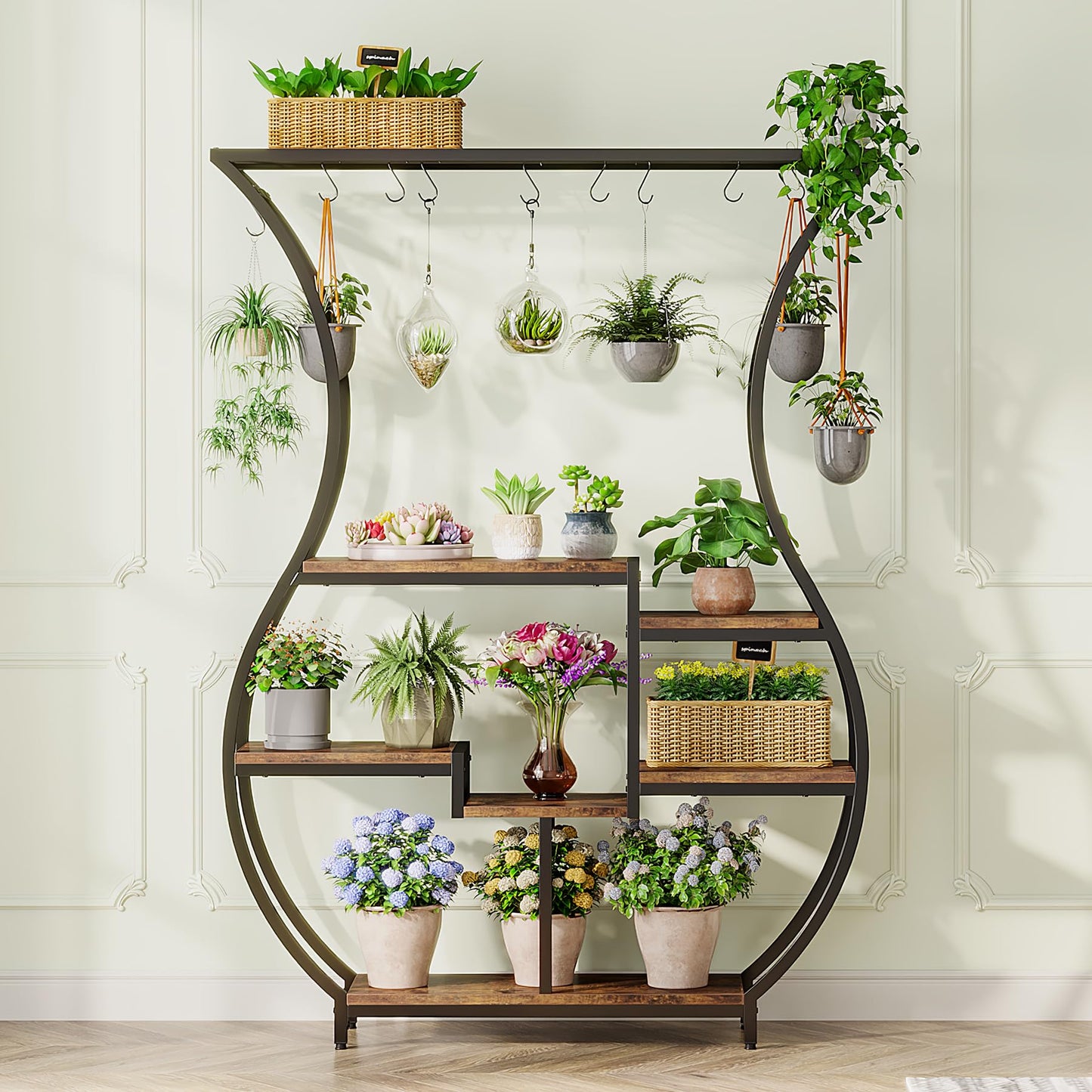 LITTLE TREE 6-Tier Plant Stand, 70.9 Inches Tall Industrial Plant Shelf with 10 Hanging Hooks, Potted Plants Flower Bonsai Pots Display Rack for Living Room, Garden, Balcony, Rustic Brown