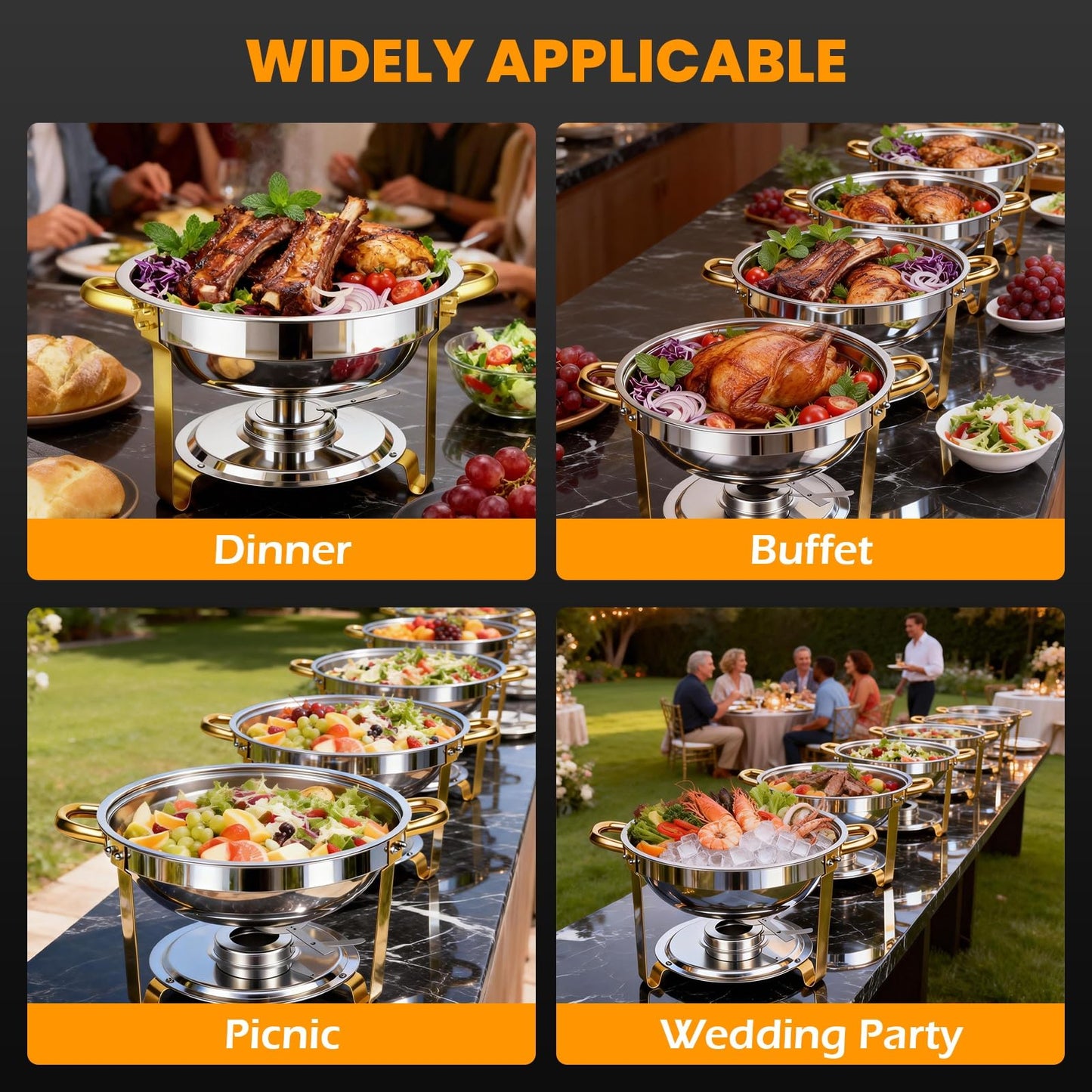 ALSO GO Round Chafing Dishes for Buffet with 4 Serving Tongs, 4 Pack 6QT Chafing Dishes Buffet Set, Golden Stainless Steel Catering Food Warmer for for Party, Gathering,Wedding