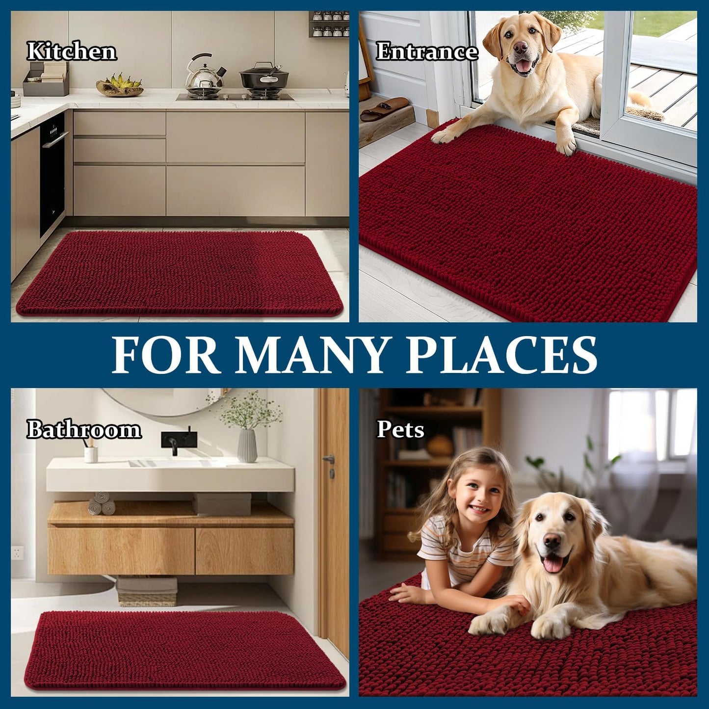 OLANLY Dog Door Mat - Absorbent Non-Slip Chenille Mat for Muddy Paws | 48x30 Red, Quick Dry & Washable