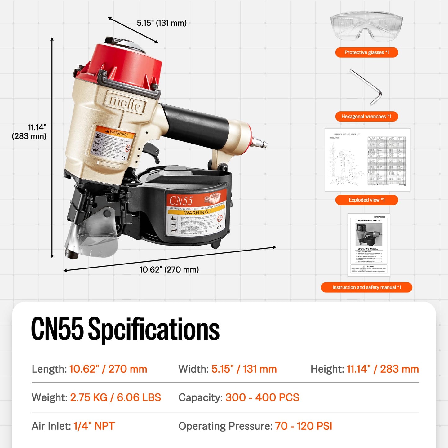 meite CN55 Pneumatic Coil Nailer with 15 Degree Siding Nails 2" × .099'' - Air Coil Nail Gun with 400PCS Magazine, 360° Adjustable Exhaust for Framing Sheathing Pallets Hardwood Projects