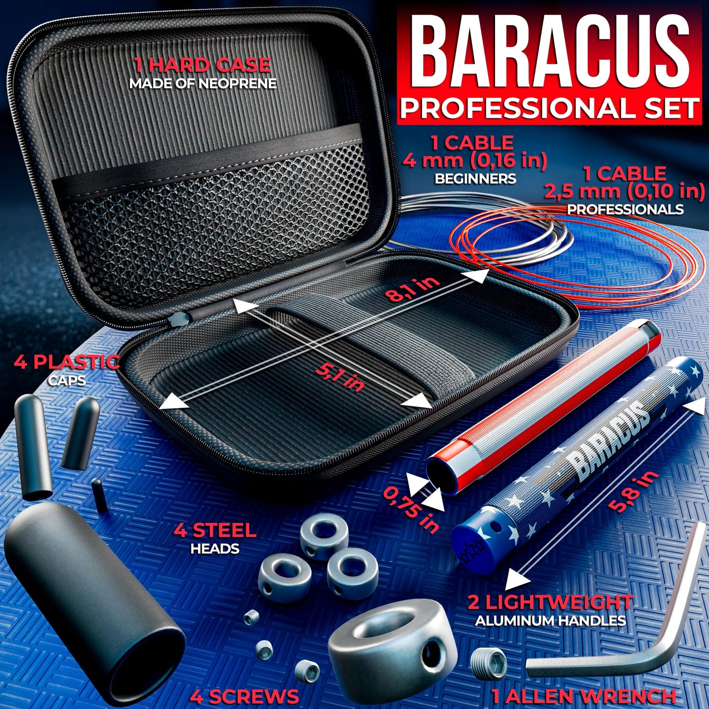 BARACUS Jump rope for women, men, kids | gym accessories for women | at home workout equipment | pesas para ejercicios en casa – Professional Speed Rope with Knurled Aluminum Handles & Hard Case