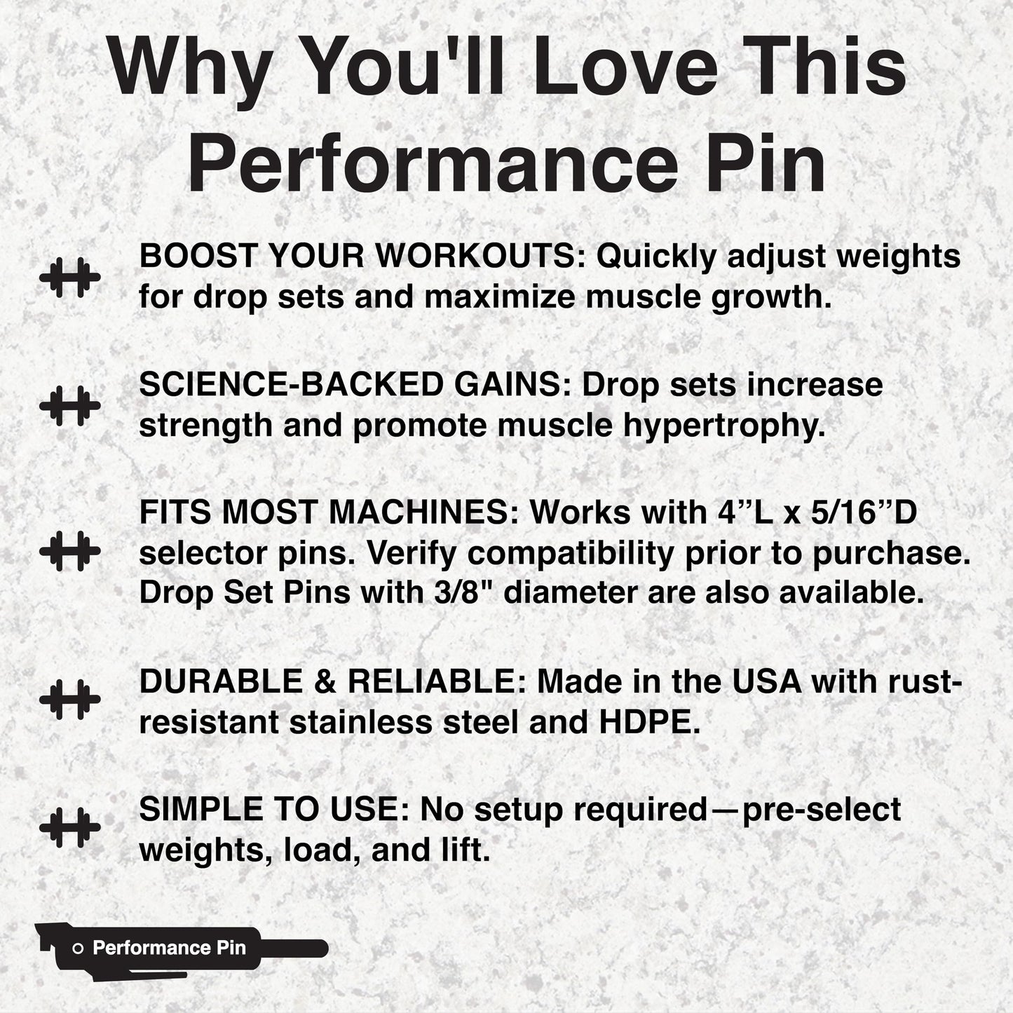 PERFORMANCE PIN The Original Drop Set Pins for Gym | One More Rep with Weight Stack Pins | Instant Transition to Lower Weights for More Reps | Proudly Made in America | 5/16" Pin | Black