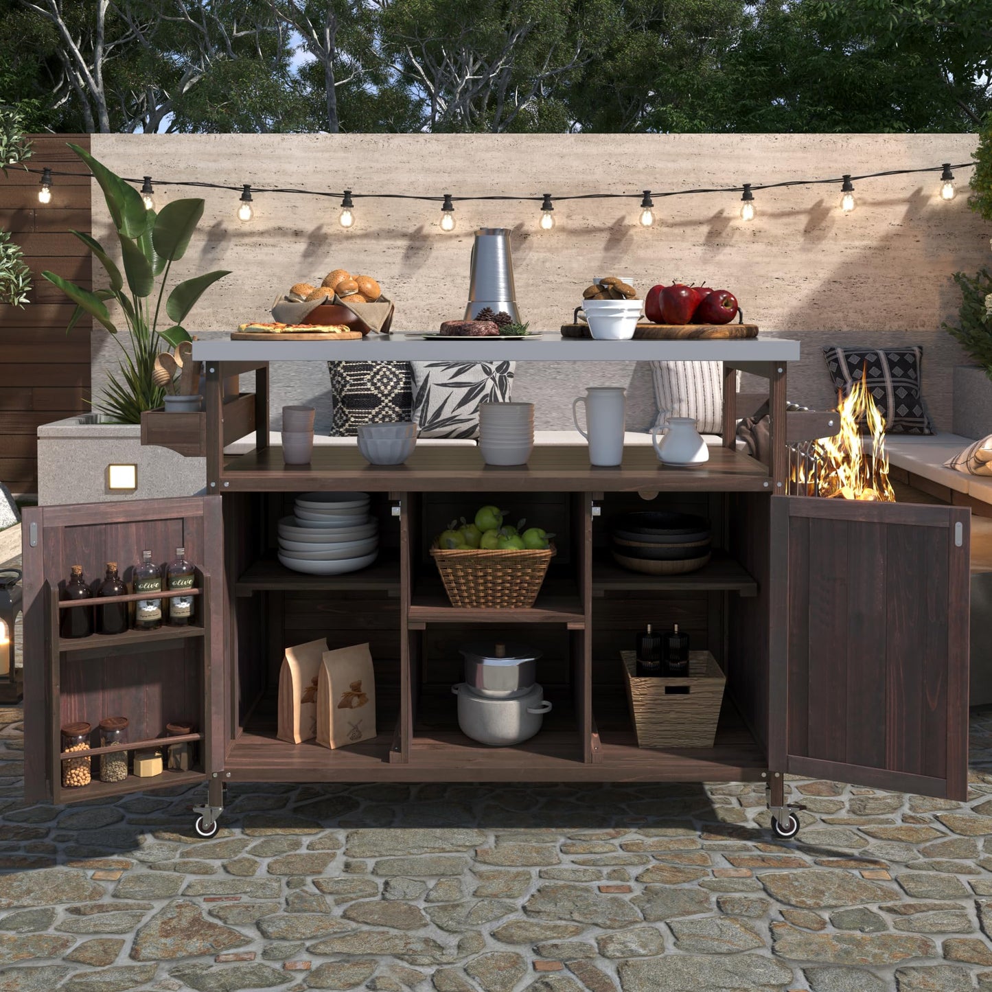 Trygoal Outdoor Grill Cart with Storage, Rolling Bar Cart and Lockable Wheels, Farmhouse Solid Wood Outdoor Grill Table with Stainless Steel Top, Spice Rack, Towel Rack for Kitchen and BBQ, Dark Brown