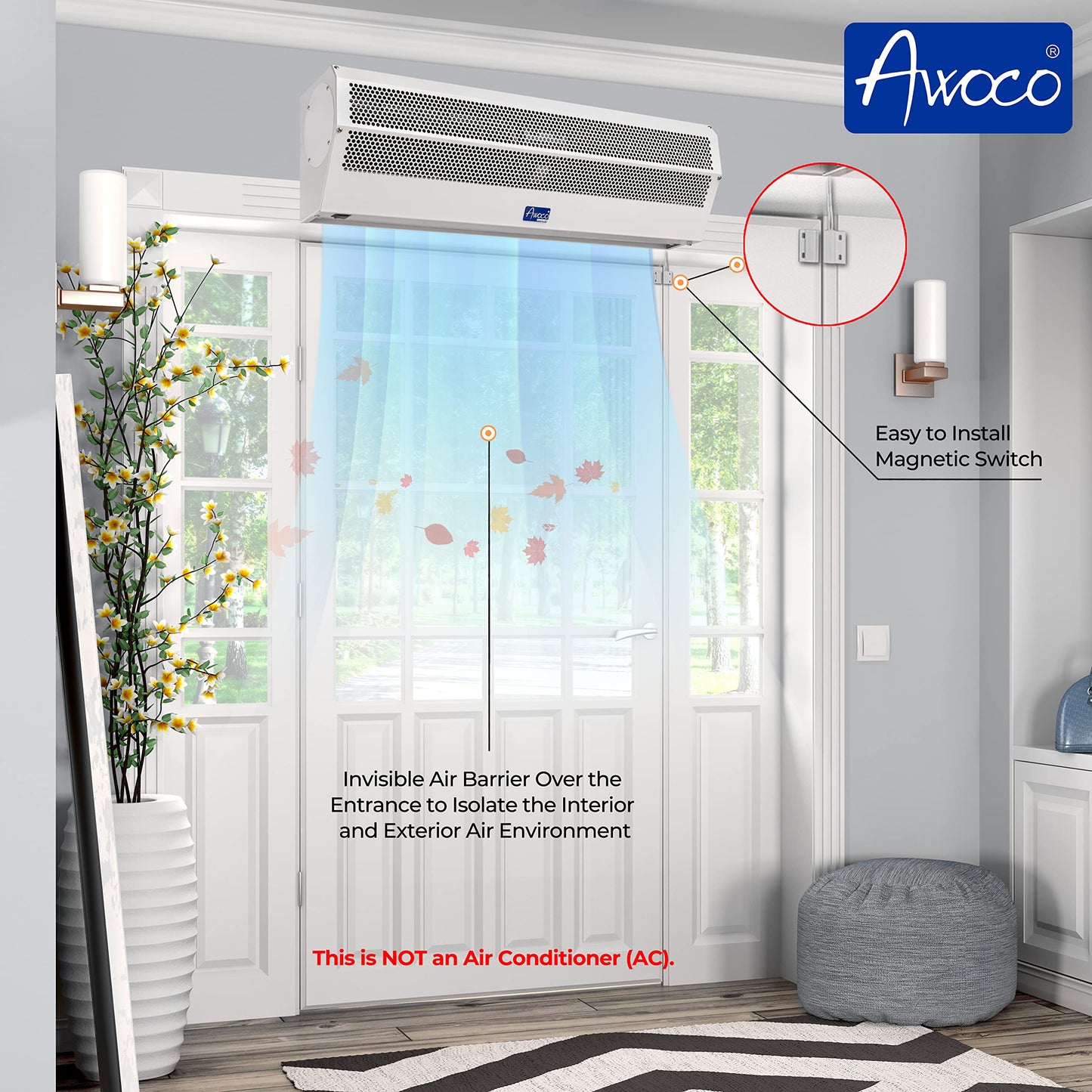 Awoco 48" Super Power 2 Speeds 1650CFM Commercial Indoor Air Curtain, UL Certified, 120V Unheated - Free Door Switch