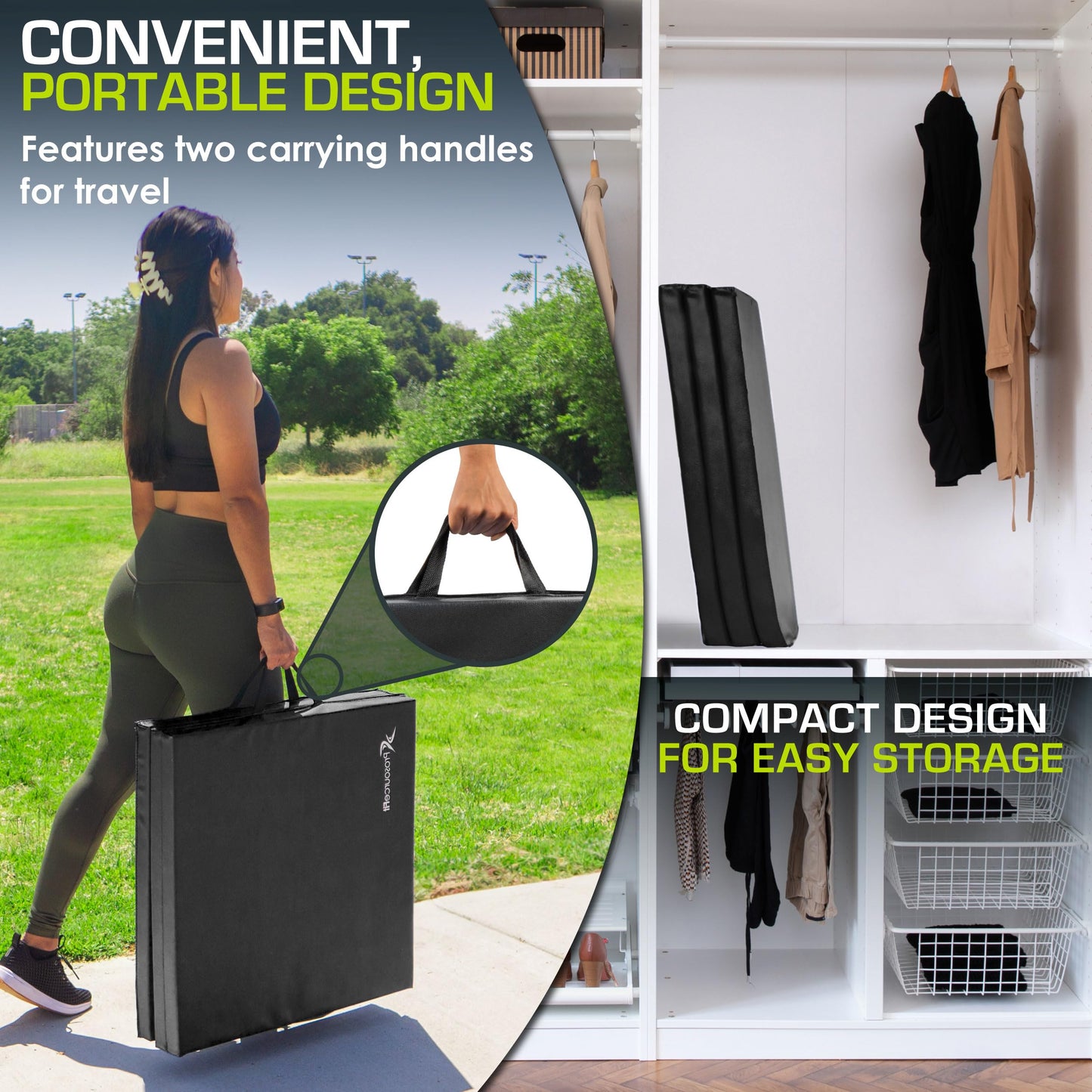 ProsourceFit Tri-Fold Folding Thick Exercise Mat 6’x2’ with Carrying Handles for MMA, Gymnastics Core Workouts, Black