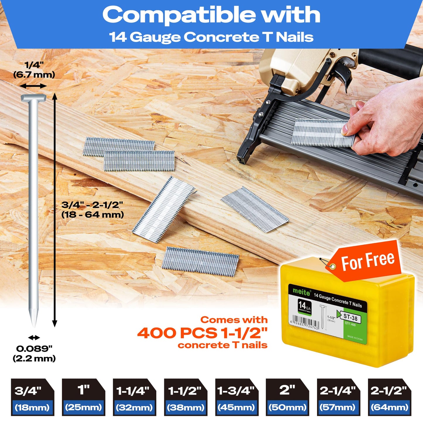 meite ST64L Concrete Nail Gun with 14 Gauge 1-1/4 Inch T Nails, Heavy Duty Pneumatic Concrete T-Nailer Gun for Wood-to-Concrete Projects, 100PCS Magazine