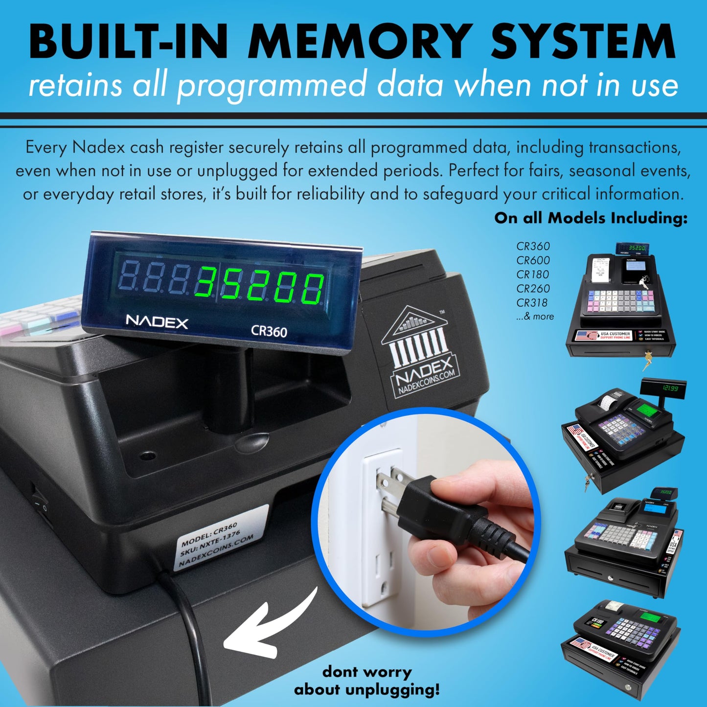 Nadex CR360 Cash Register, 4700 Lookups 50 Dept 50 Clerks, Quick Load Thermal Printer, Compact Size, Cash and Coin Drawer, Black