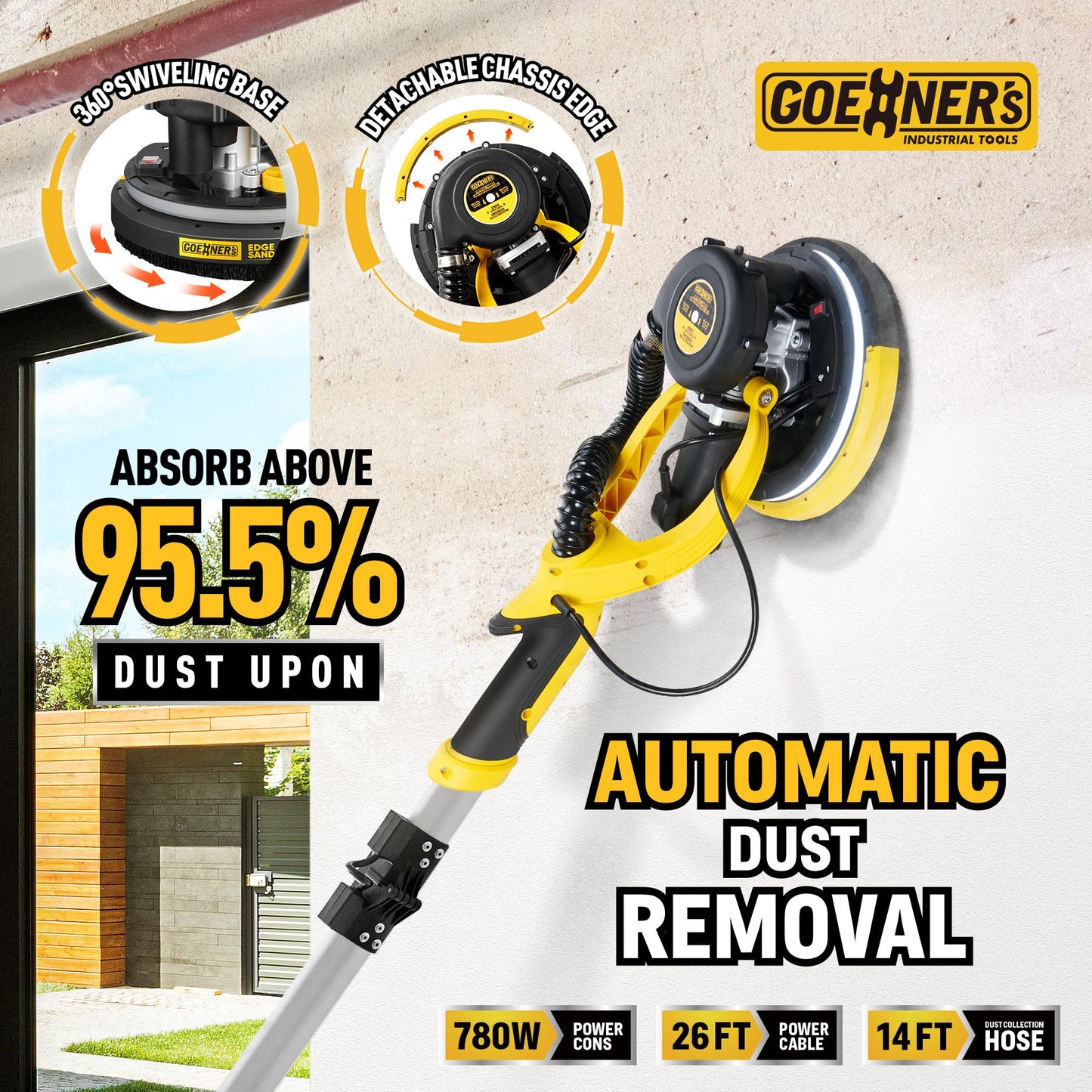 Drywall Sander, 6.5-amp Powerful Electric Drywall Sander with Vacuum, Anto Dust Removal, 7 Variable Speed, 900-1800RPM, Dustless Floor Sander with 26’ Power Cord for Popcorn Ceiling