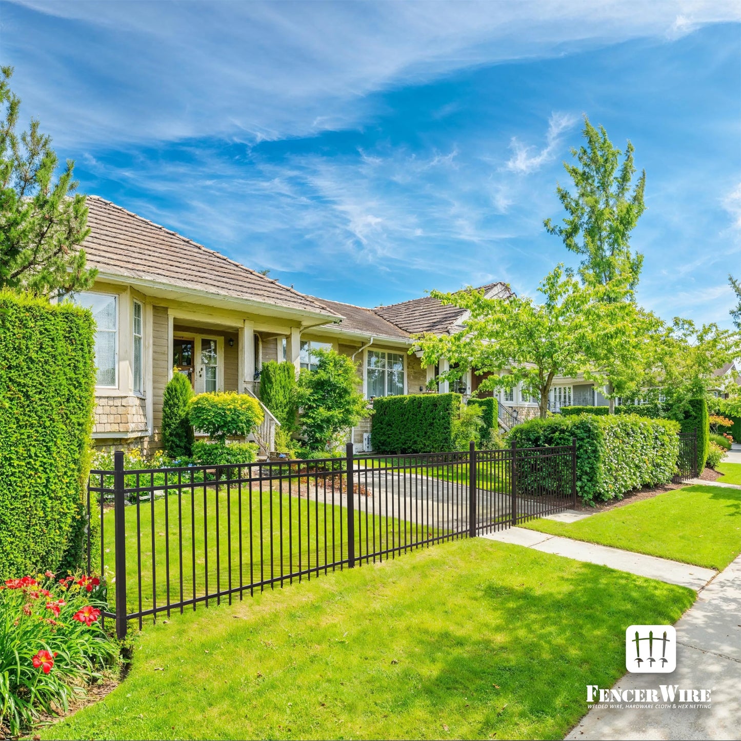 Fencer Wire 100FT Heavy Duty Flat Top Fence Barrier Kit, Anti-Rust Metal Steel Fence with 6FT Height X 6FT Width Panels, with Decorative Gate, Posts, Connectors, Outdoor Fencing for Yard