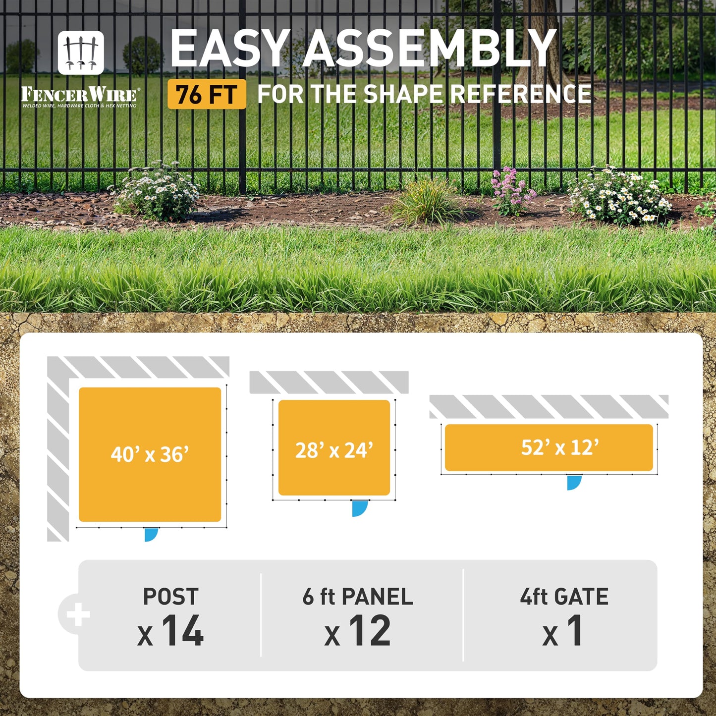 Fencer Wire 76FT Heavy Duty Flat Top Fence Barrier Kit, Anti-Rust Metal Steel Fence with 6FT Height X 6FT Width Panels, with Decorative Gate, Posts, Connectors, Outdoor Fencing for Yard