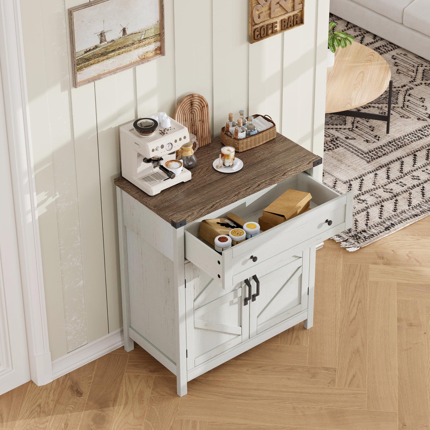 ChooChoo Kitchen Storage Cabinet, Coffee Bar Cabinet, Farmhouse Buffet Sideboard with Drawer for Kitchen, Living Room, White