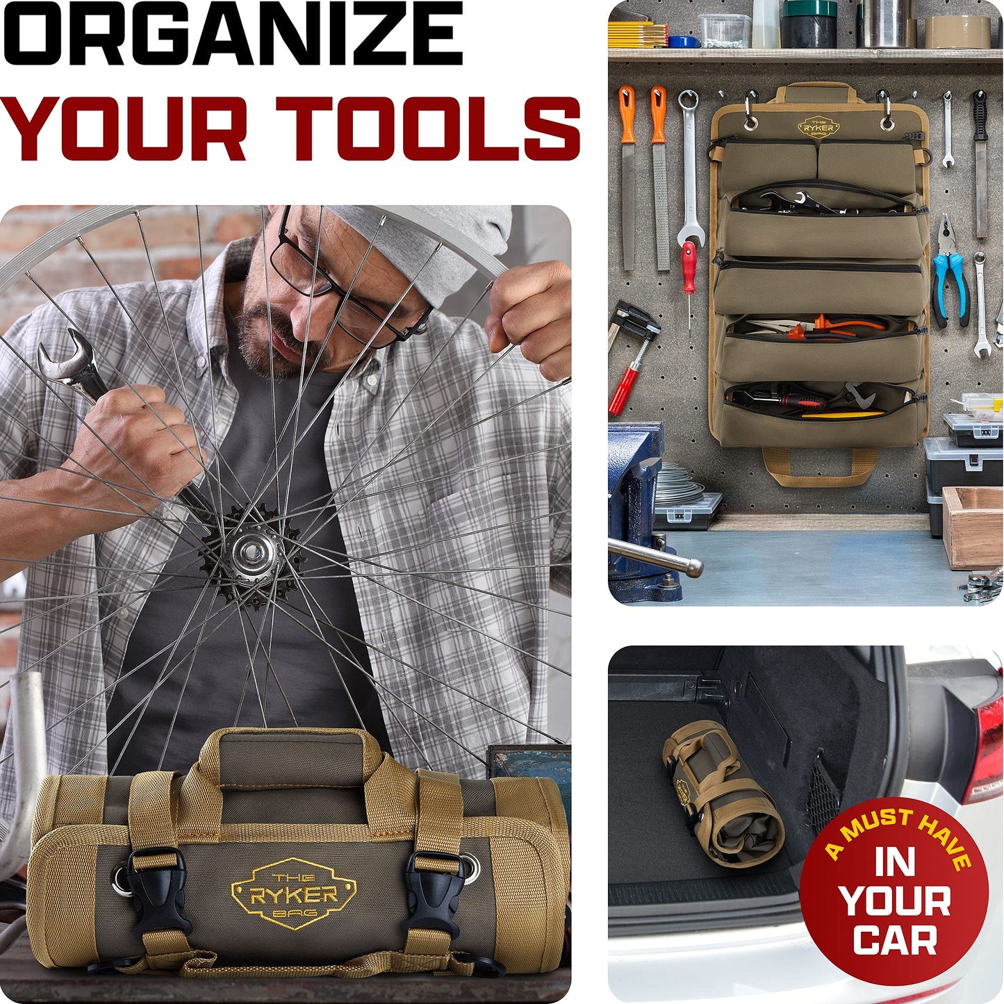 The Ryker Roll Up Tool Bag Organizer Gifts for Dad. Heavy Duty Motorcycle Tool Roll Bag Organizer. Portable Rollup Toolbag w/Detachable Pouches - Tools Bags Mens gifts for him - Mechanic & Electrician