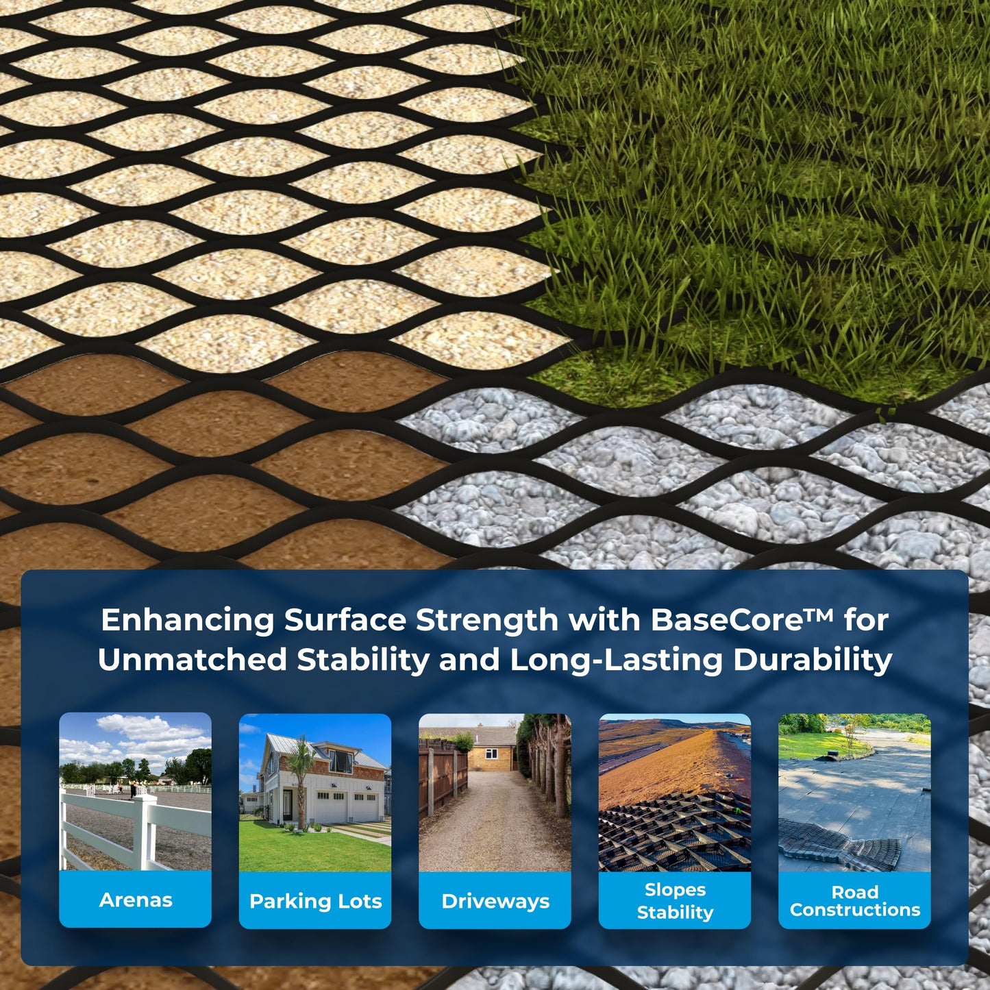 BaseCore HD 4" Geocell Ground Grid - 9x18 ft Commercial Grade Gravel Grid for Driveway, Parking, Slope - Heavy Duty Stabilizer for Landscaping, Horse Run, Erosion Control - 1 Panel 162 sq ft