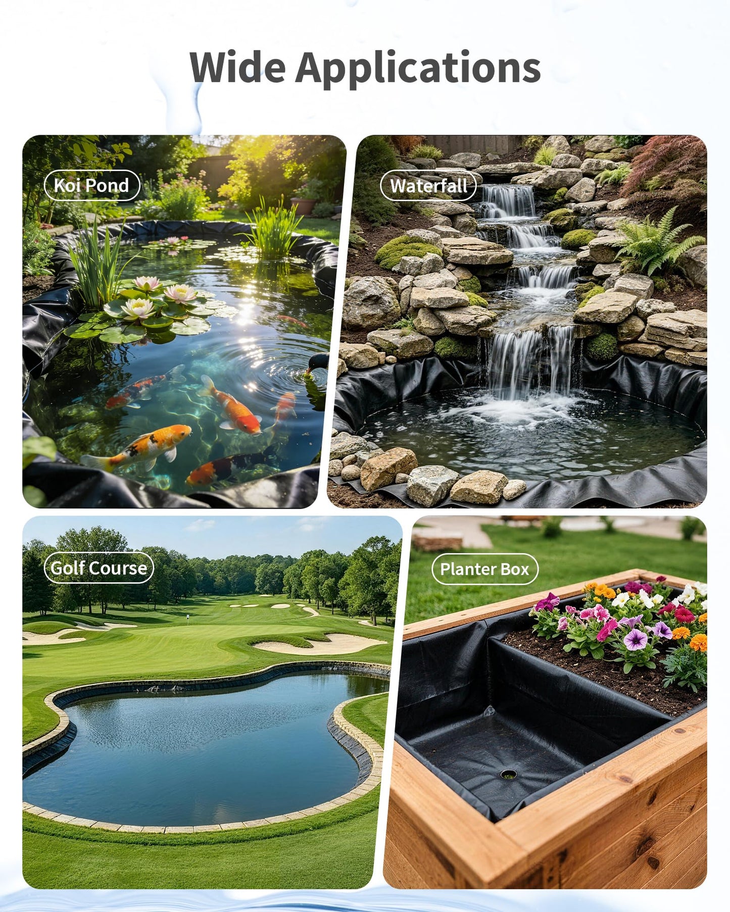 POPOSOAP Pond Liner, Mil Fish Pond EPDM Liner, U-V Resistant Preformed Garden Pond Liners for Outdoor Ponds, Koi Ponds, Garden Fountain, Waterfalls 10 x 10 FT 45Mil