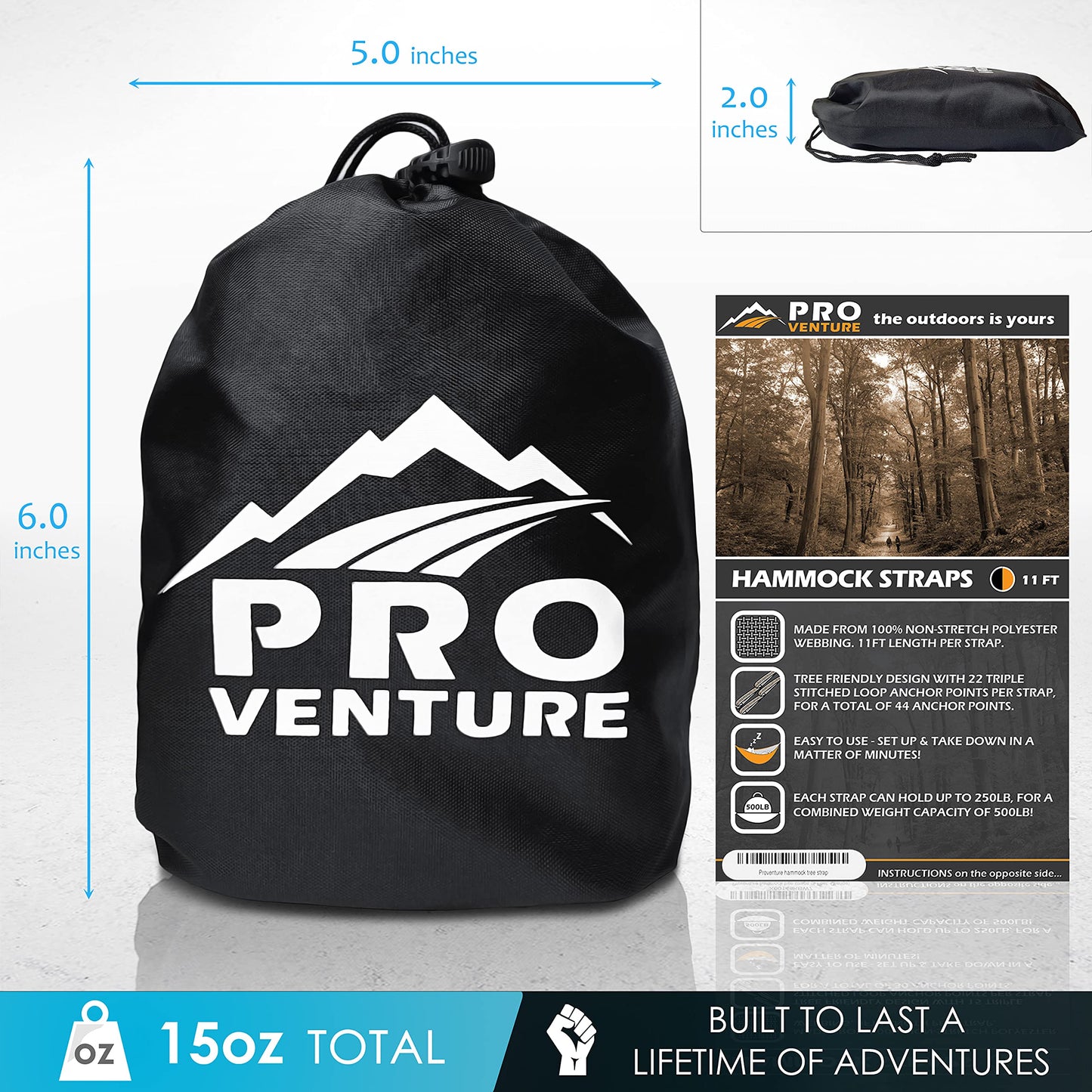 Pro Venture Hammock Straps and Carabiners Set | 22 Feet Total, 44+2 Loops | 1200lbs Breaking Strength (500lbs Rated) | Non-Stretch, Lightweight, Portable - Quick Setup | Heavy Duty, Tree Friendly
