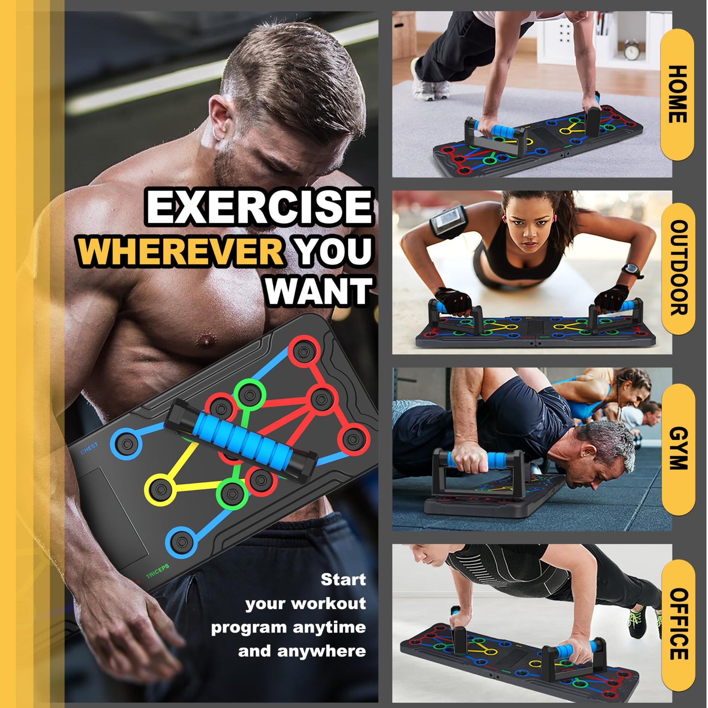 Foldable push-up rack for portable strength training, sturdy and stable equipment for men's and women's home gym workouts.