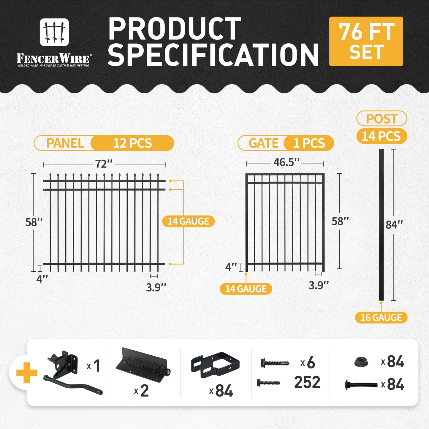 Fencer Wire 76FT Heavy Duty Pinnacle Fence Barrier Kit, Anti-Rust Metal Steel Fence with 5FT Height X 6FT Width Panels, with Flat Top Gate, Posts, Connectors, Outdoor Fencing for Yard