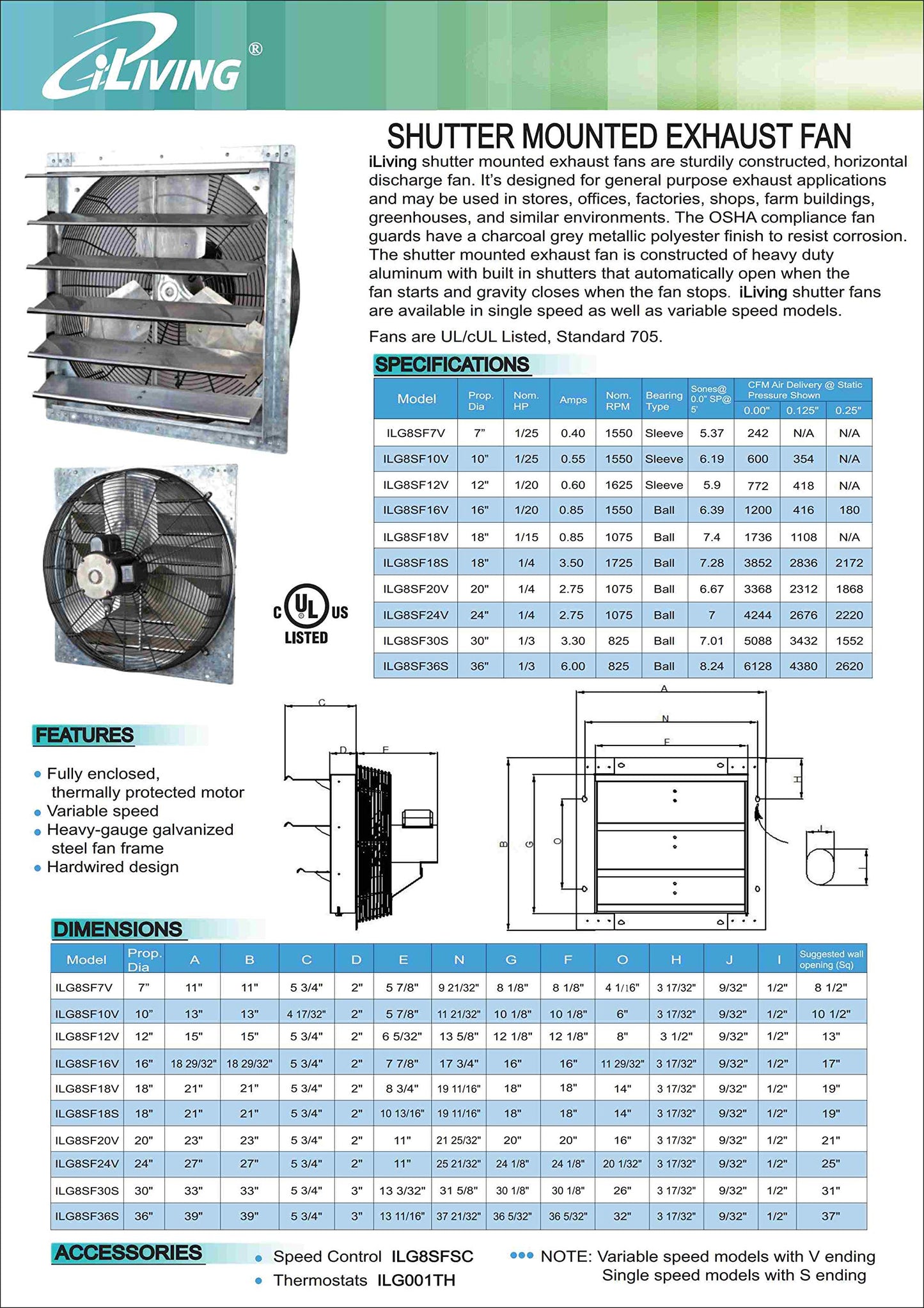iLiving - 24" Wall Mounted Exhaust Fan - Automatic Shutter - Variable Speed - Vent Fan For Home Attic, Shed, or Garage Ventilation, 4244 CFM, 6200 SQF Coverage Area (Power Cord Not Included)