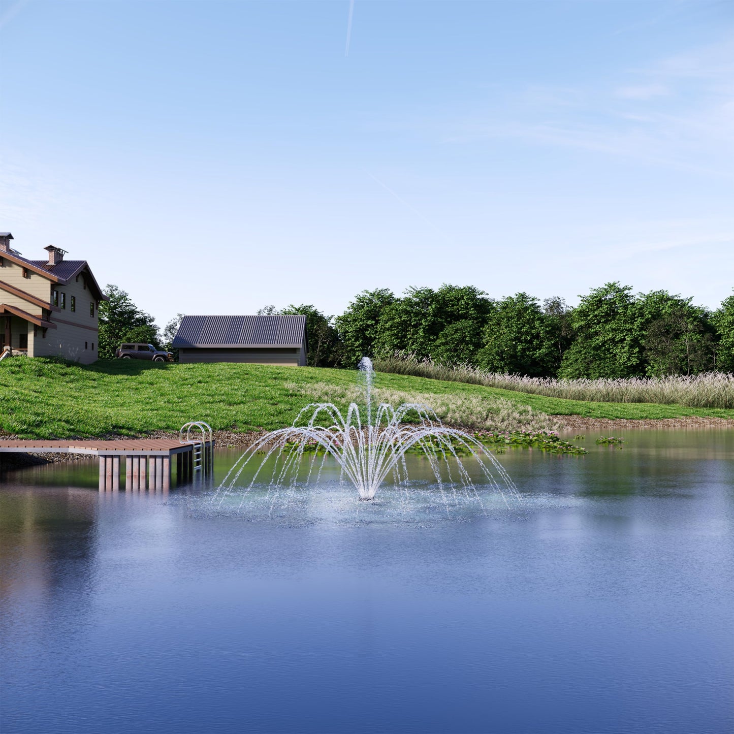 FS02 110V, 1/2 HP, Large Pond Floating Fountain with LED RGB Lights, Oil Free Pump 9000 GPH with 100’ Cord, Two Spray Patterns Included